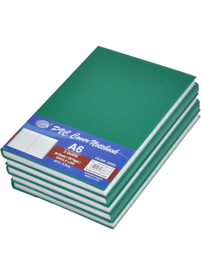 FIS PVC Cover Note Book, 96 sheets, 192 pages, A6 Size, Single Line, Green Colour 5-Piece - FSNBA62QPVCGR - Image 1